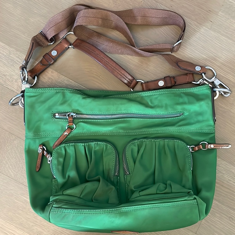 MZ Wallace Green Nylon Crossbody Bag with Brown Leather Trim